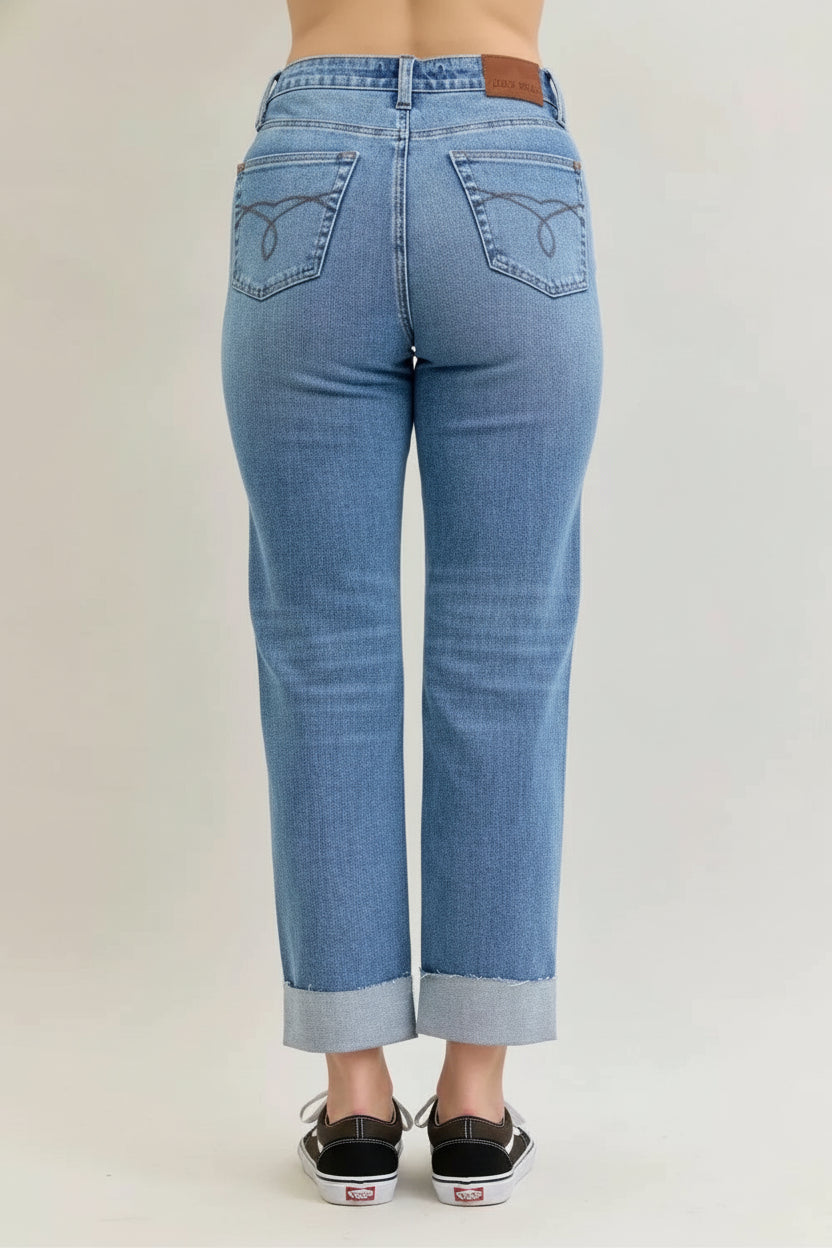 High Waist Boyfriend Criss Cross Mild Destroy Jeans with Single Cuff