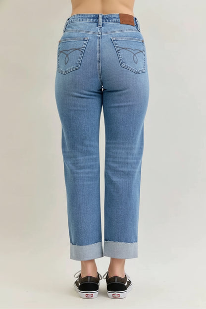 High Waist Boyfriend Criss Cross Mild Destroy Jeans with Single Cuff