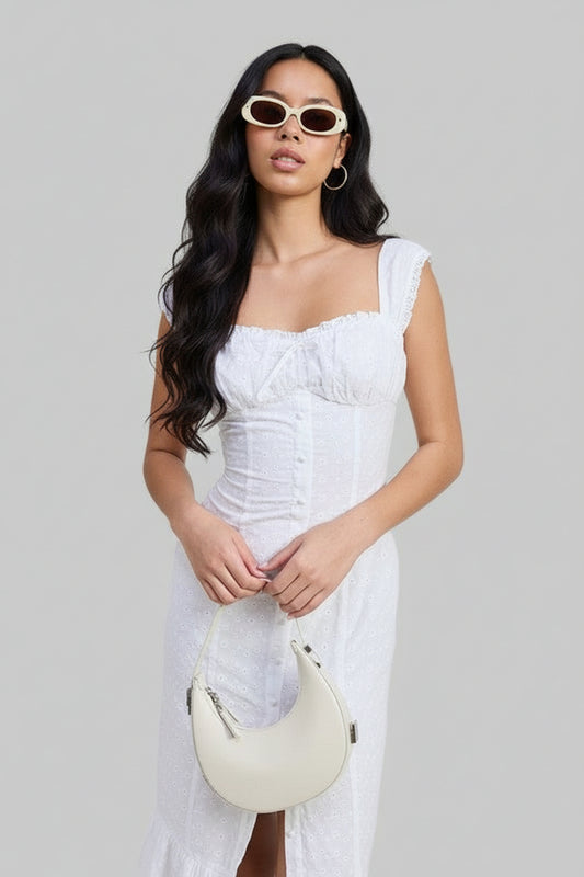 Cora Bohemian Square Neck Midi Eyelet Cap Sleeve Dress