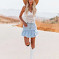 Country Boho Light Denim Ruffle Pleated Mini Skirt