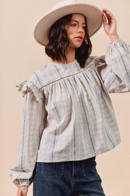 Country Boho Floral Cotton Print Ruffled Long Sleeve Blouse