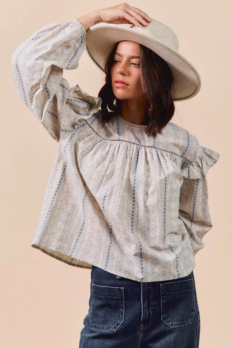 Country Boho Floral Cotton Print Ruffled Long Sleeve Blouse