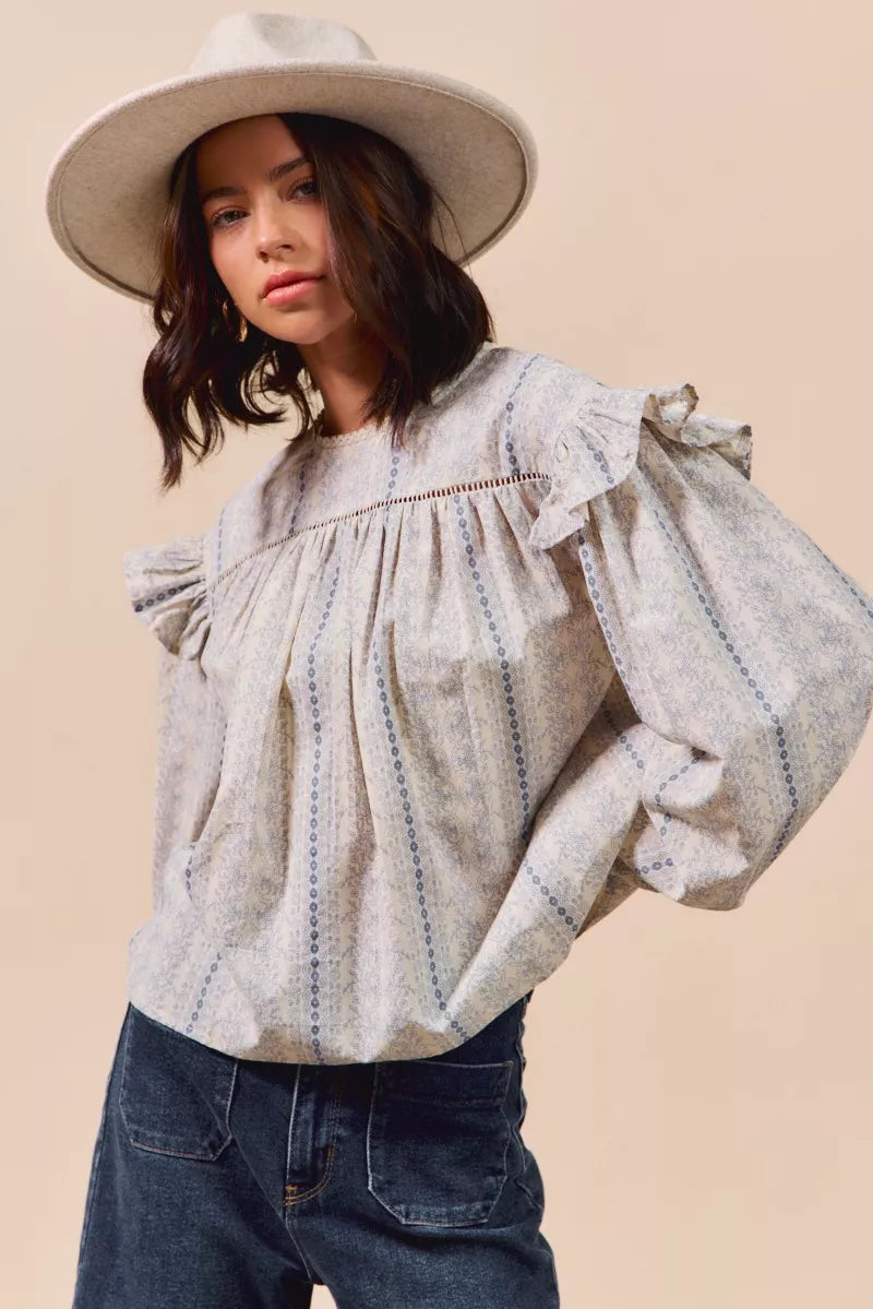 Country Boho Floral Cotton Print Ruffled Long Sleeve Blouse