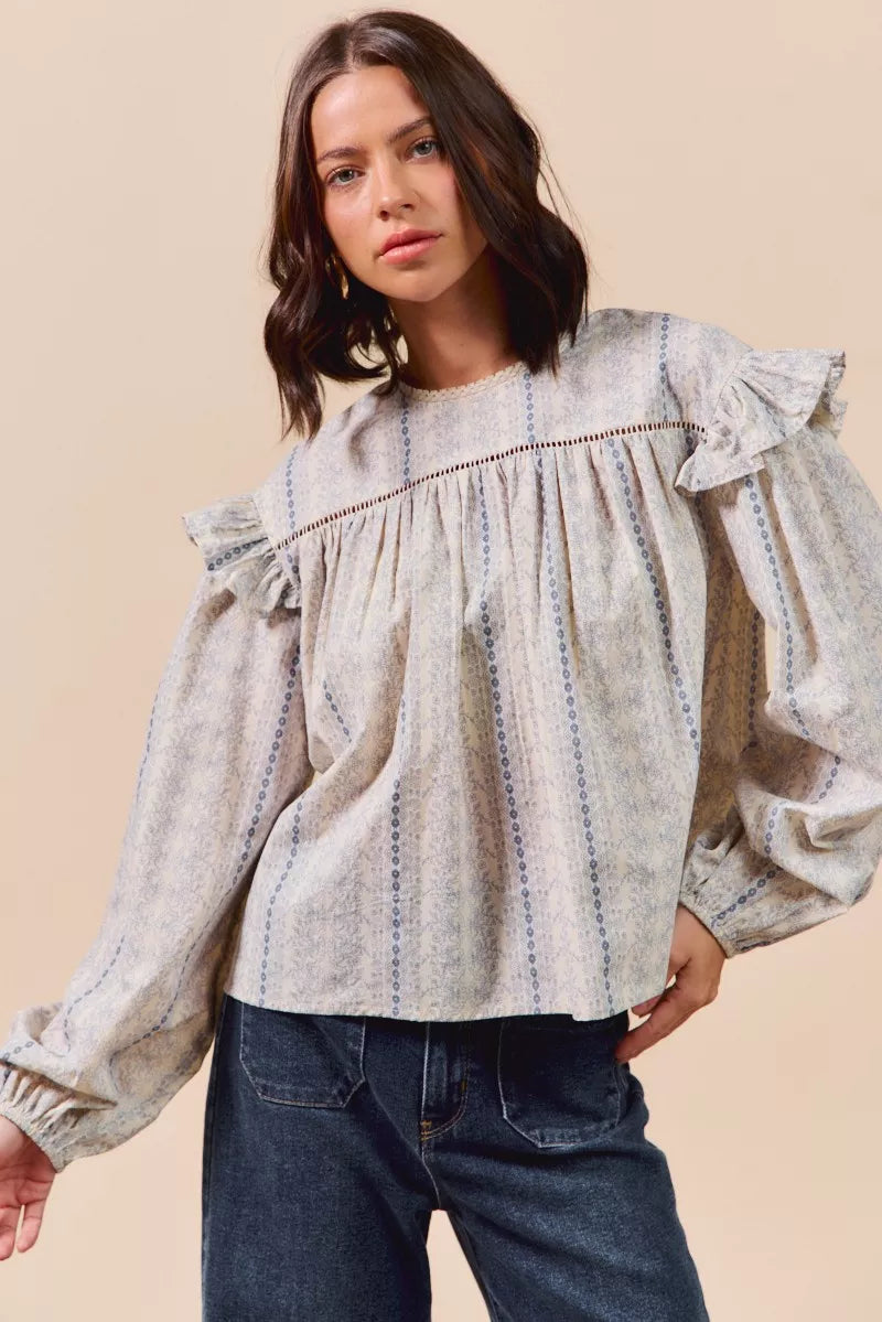 Country Boho Floral Cotton Print Ruffled Long Sleeve Blouse
