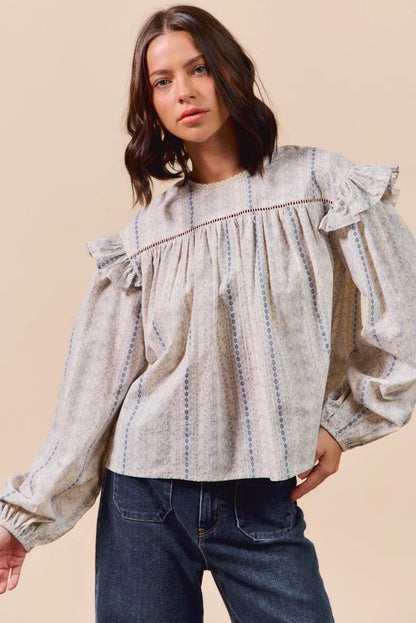 Country Boho Floral Cotton Print Ruffled Long Sleeve Blouse