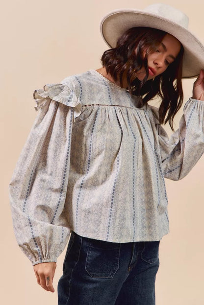 Country Boho Floral Cotton Print Ruffled Long Sleeve Blouse