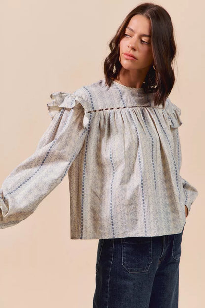 Country Boho Floral Cotton Print Ruffled Long Sleeve Blouse