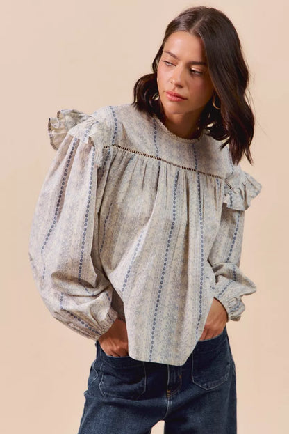 Country Boho Floral Cotton Print Ruffled Long Sleeve Blouse