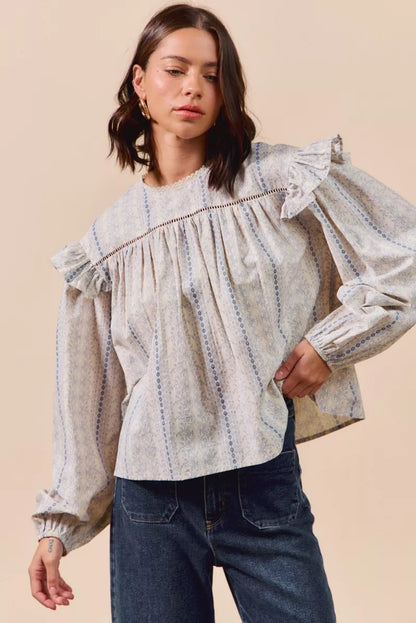 Country Boho Floral Cotton Print Ruffled Long Sleeve Blouse