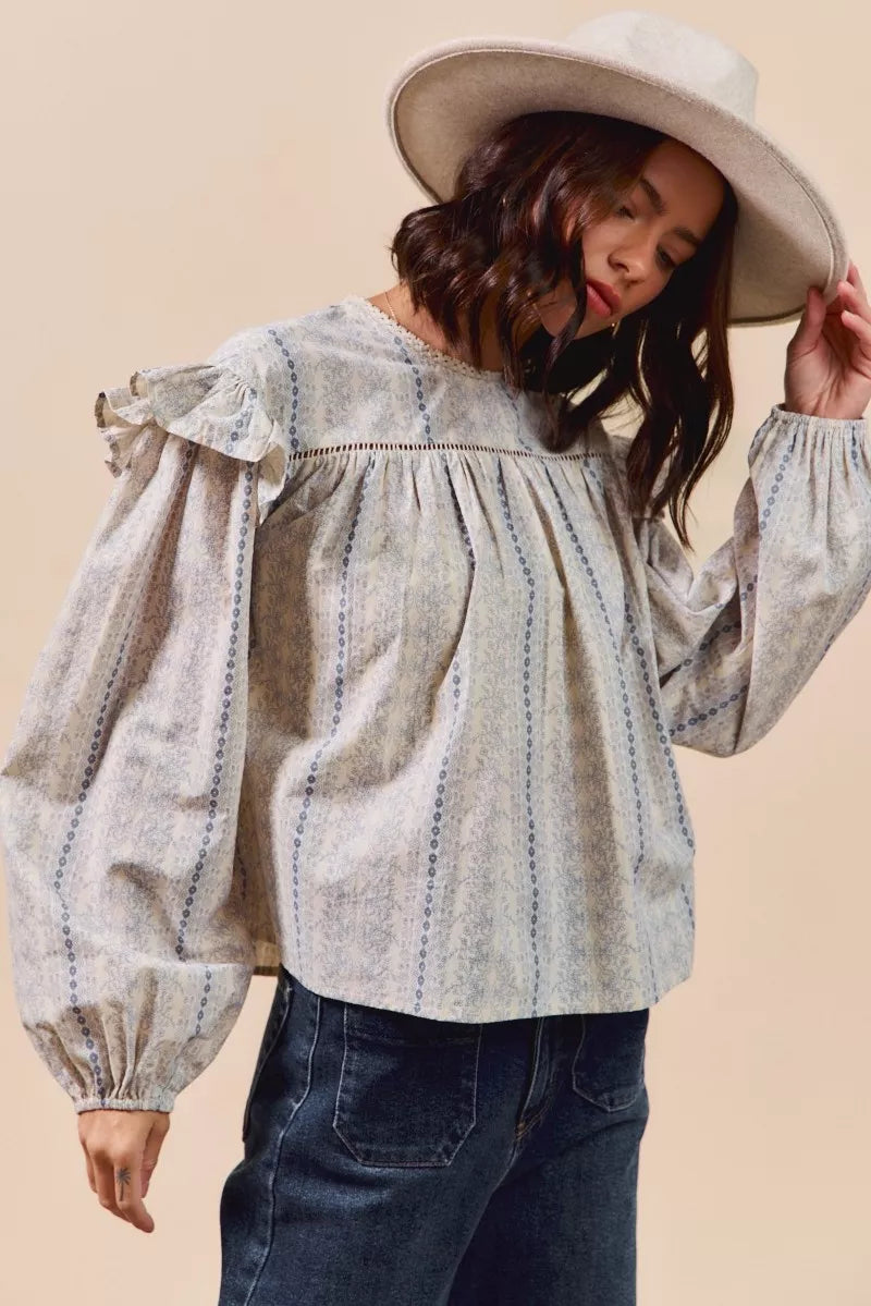 Country Boho Floral Cotton Print Ruffled Long Sleeve Blouse