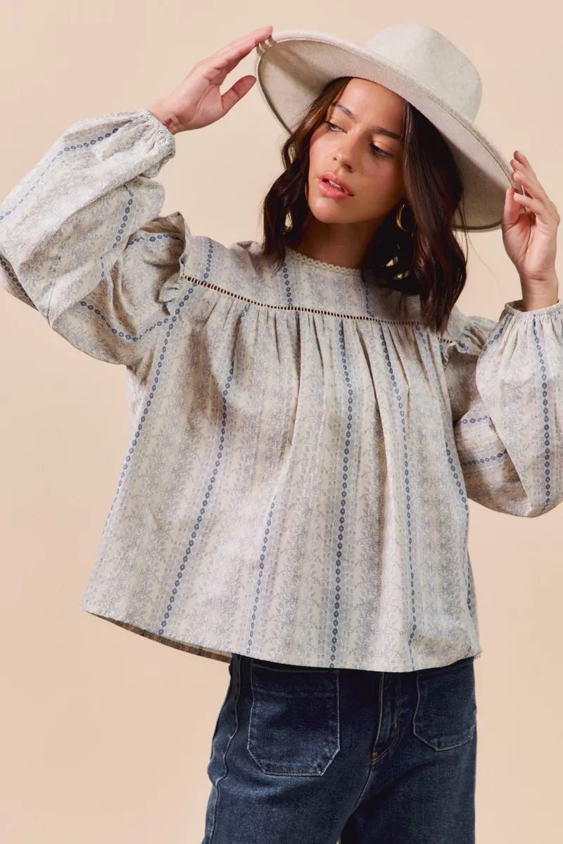 Country Boho Floral Cotton Print Ruffled Long Sleeve Blouse