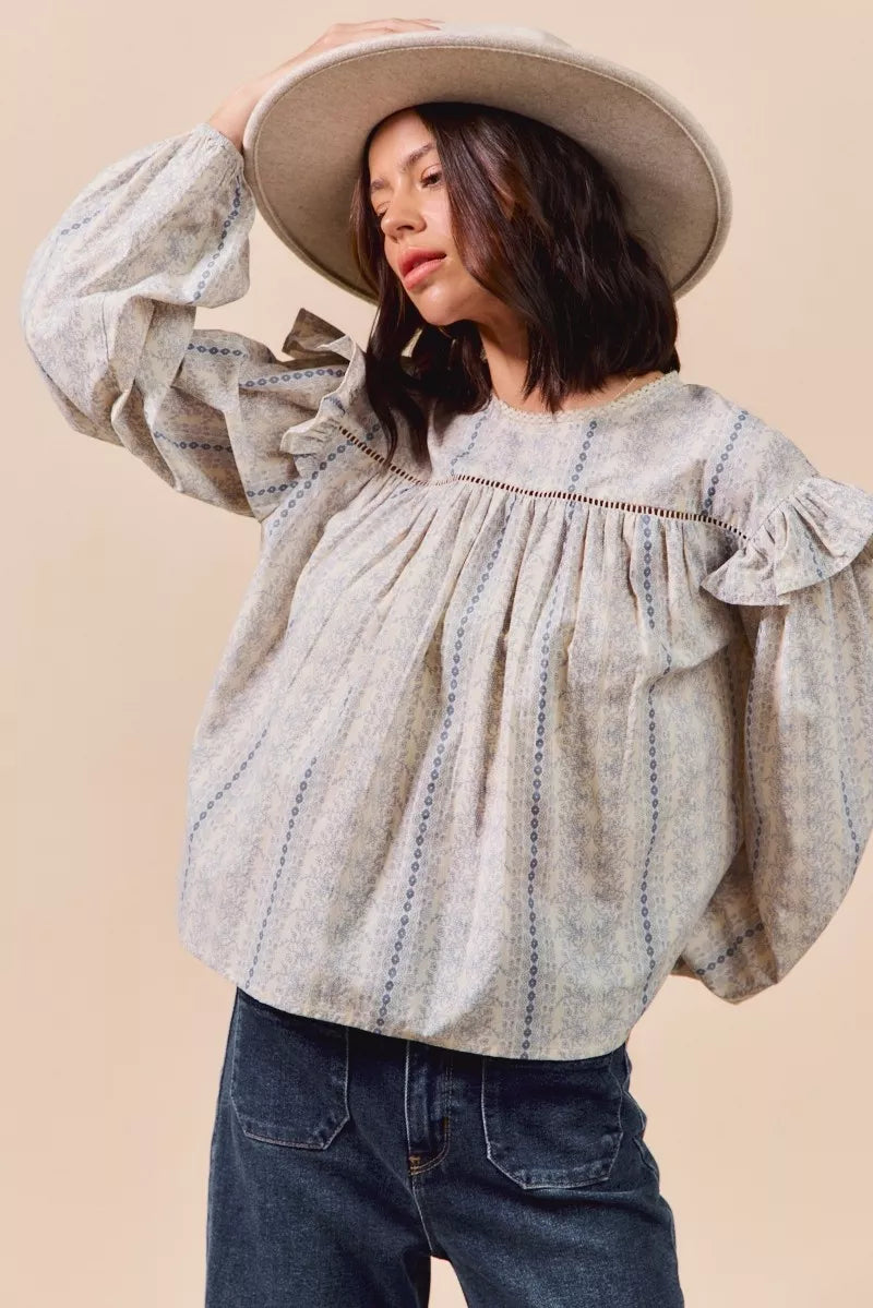Country Boho Floral Cotton Print Ruffled Long Sleeve Blouse