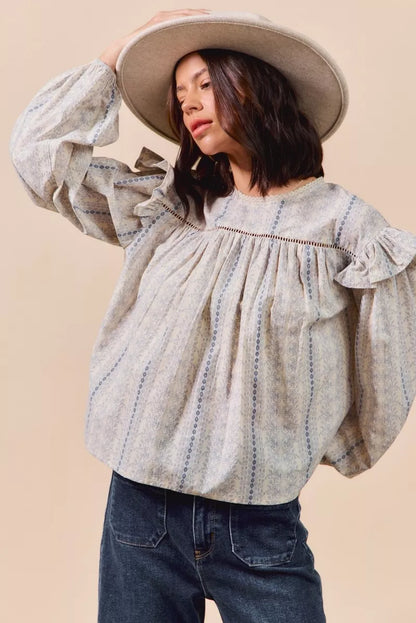 Country Boho Floral Cotton Print Ruffled Long Sleeve Blouse