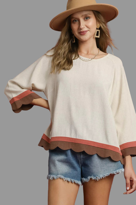 Country Boho Scalloped Hem Color Block Top