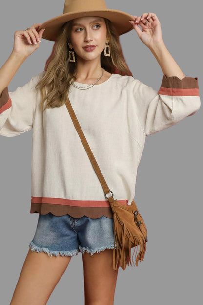 Country Boho Scalloped Hem Color Block Top