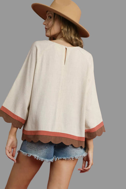 Country Boho Scalloped Hem Color Block Top