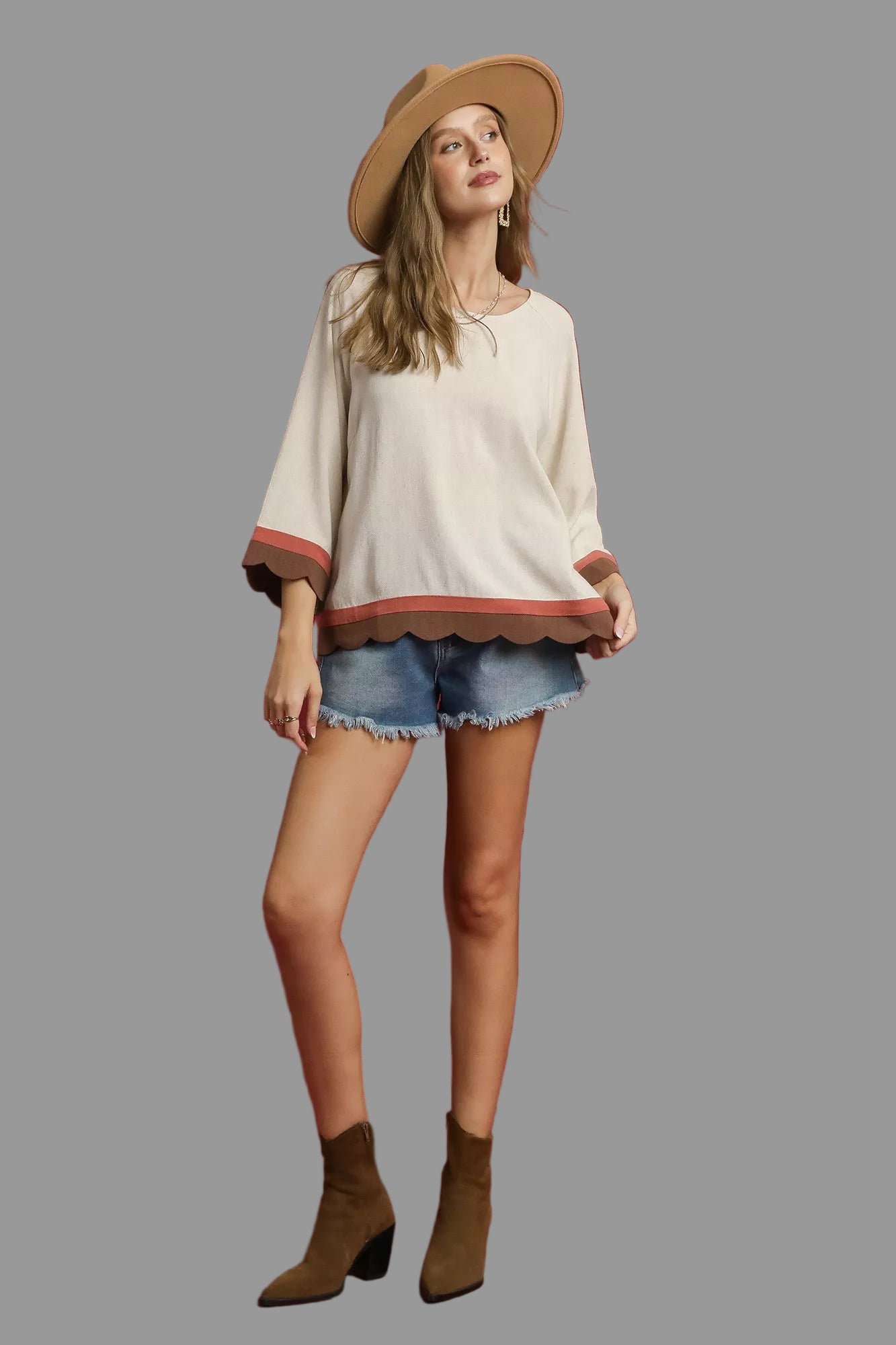 Country Boho Scalloped Hem Color Block Top