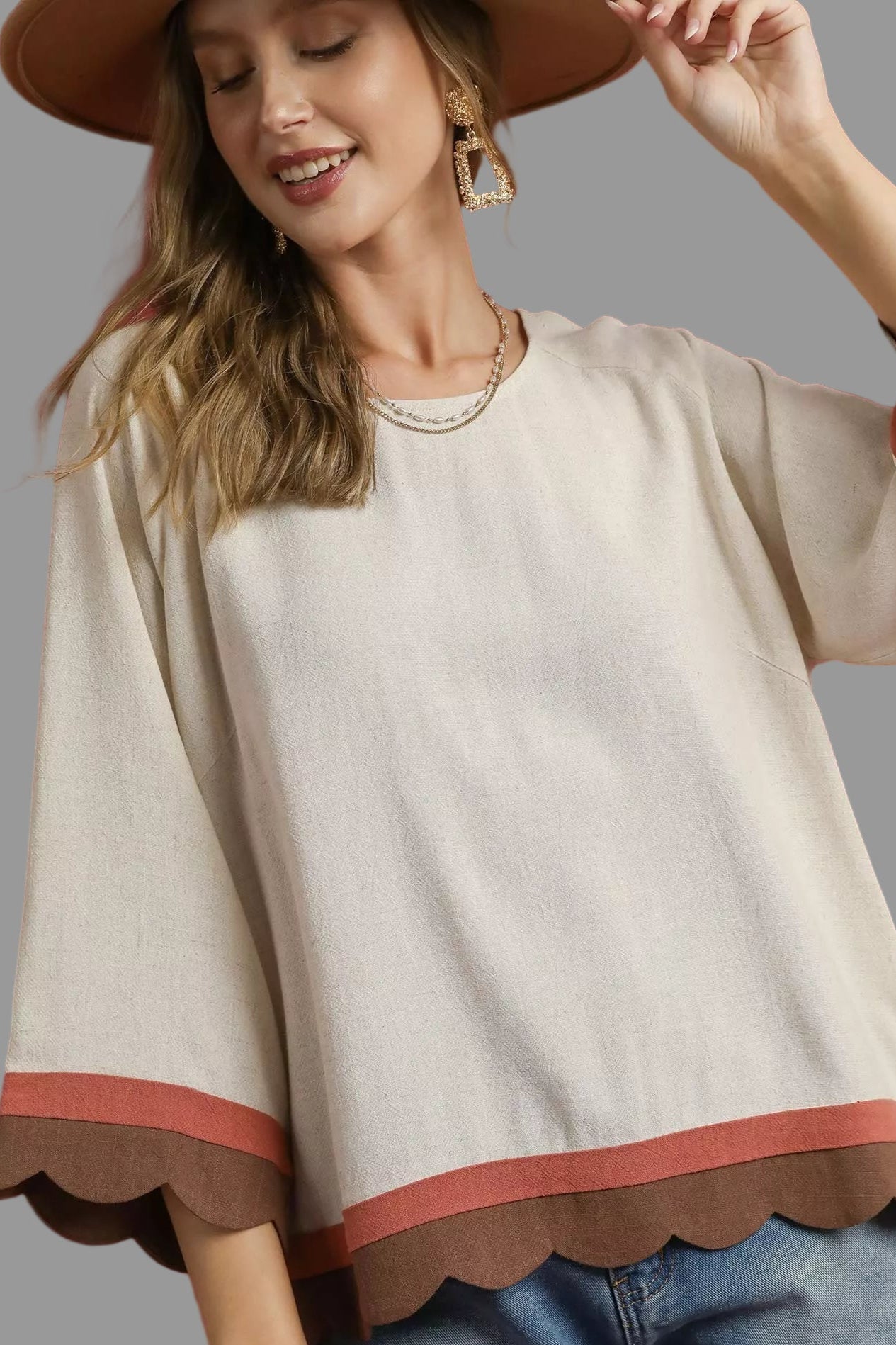 Country Boho Scalloped Hem Color Block Top
