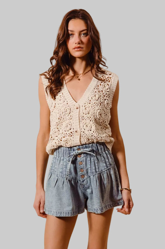 Daisy Flared Boho Denim Paperbag Shorts