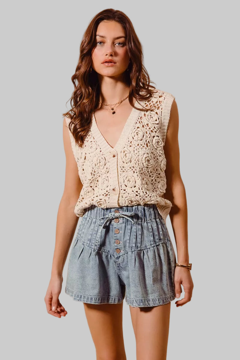 Daisy Flared Boho Denim Paperbag Shorts