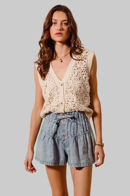 Daisy Flared Boho Denim Paperbag Shorts