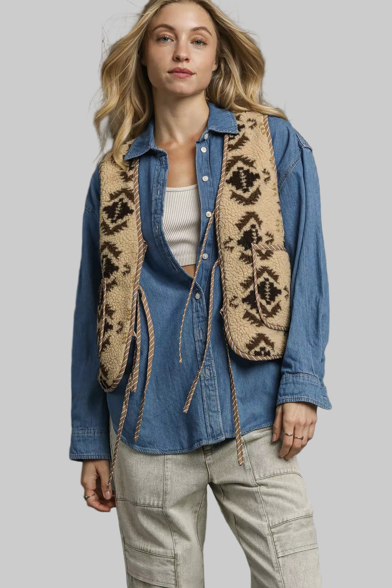 Dalia Aztec Western Sherpa Tie Front Vest