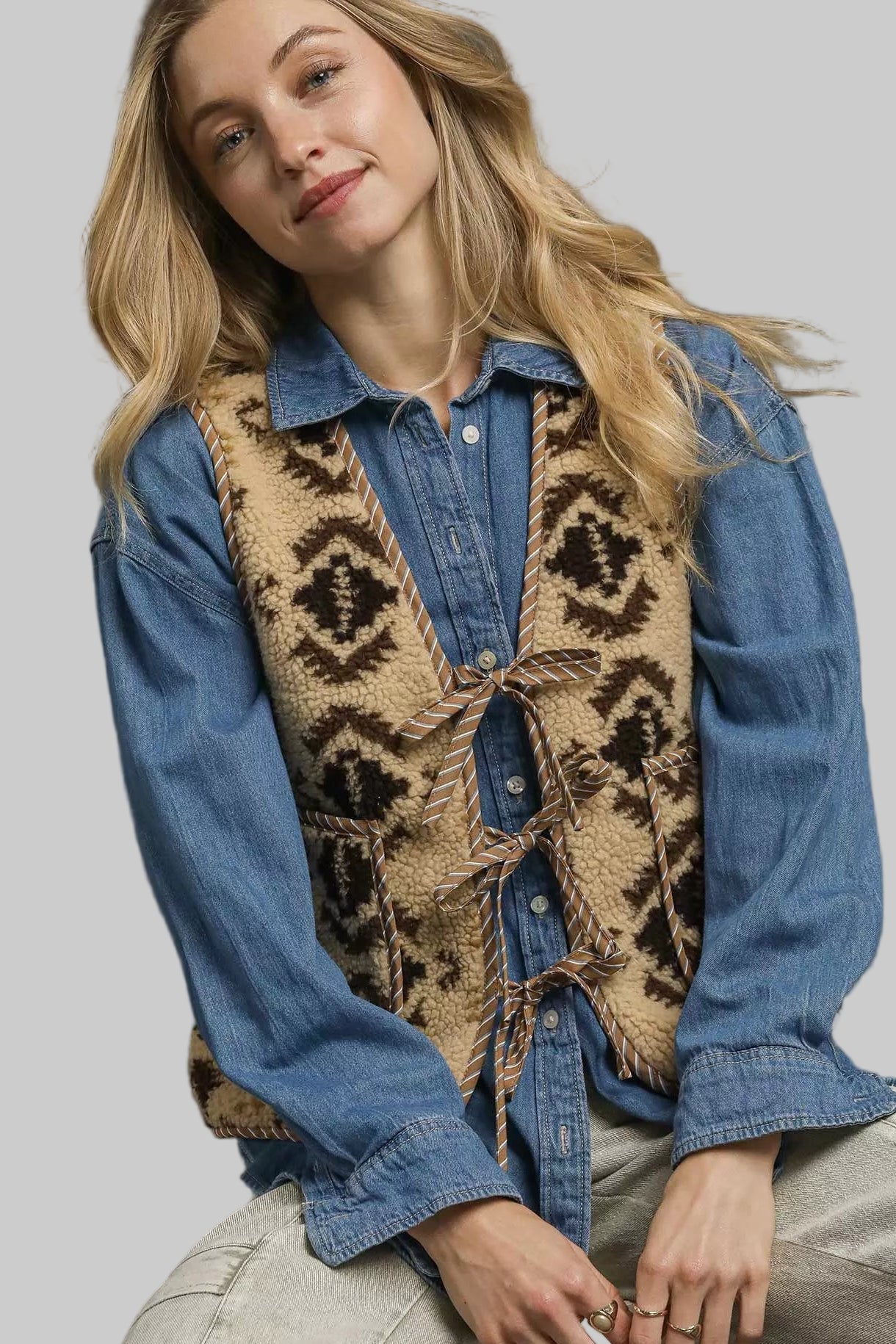 Dalia Aztec Western Sherpa Tie Front Vest