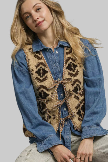 Dalia Aztec Western Sherpa Tie Front Vest