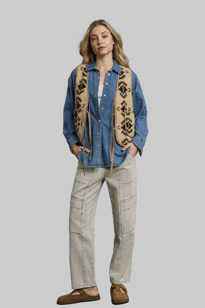 Dalia Aztec Western Sherpa Tie Front Vest