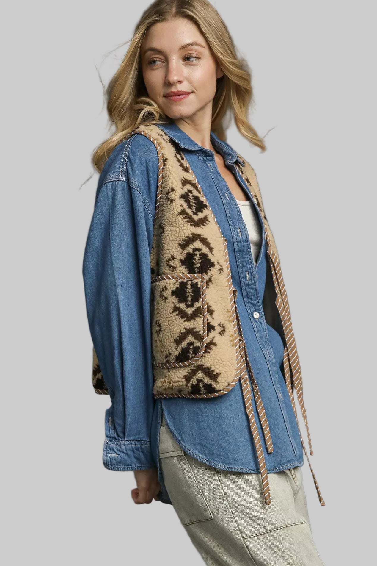 Dalia Aztec Western Sherpa Tie Front Vest