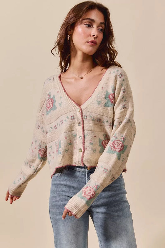 Danielle Floral Pattern Long Sleeve Button Sweater Cardigan