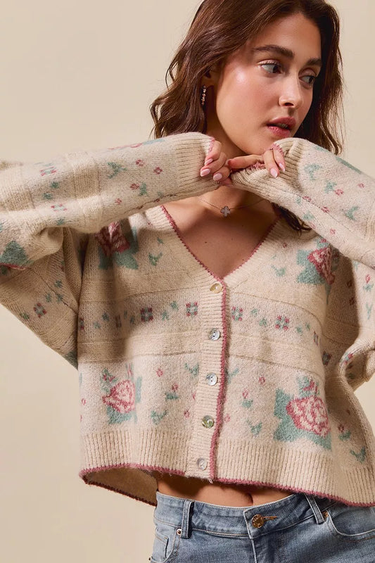 Danielle Floral Pattern Long Sleeve Button Sweater Cardigan