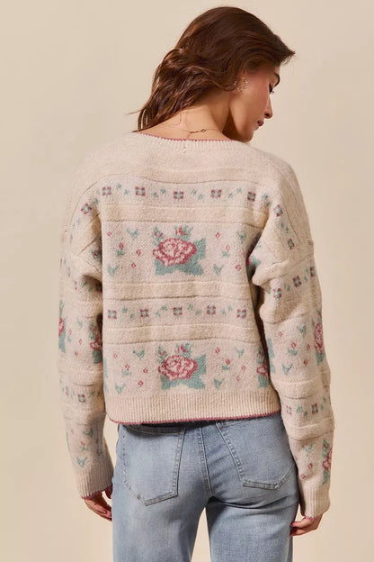 Danielle Floral Pattern Long Sleeve Button Sweater Cardigan