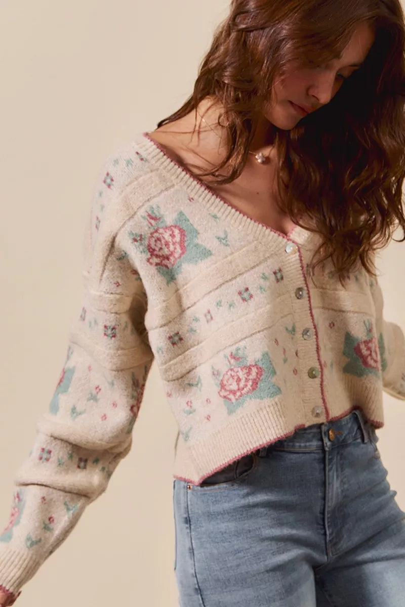 Danielle Floral Pattern Long Sleeve Button Sweater Cardigan