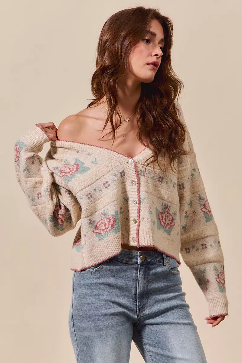 Danielle Floral Pattern Long Sleeve Button Sweater Cardigan
