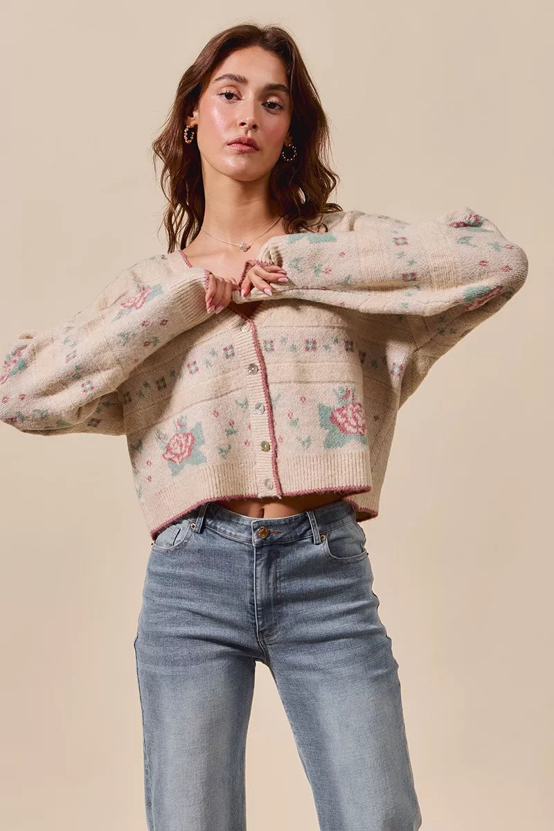 Danielle Floral Pattern Long Sleeve Button Sweater Cardigan