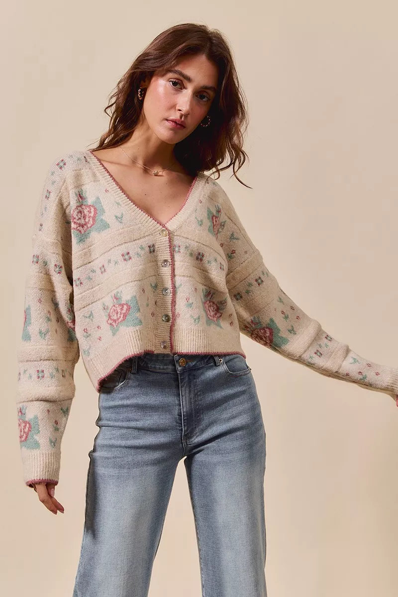 Danielle Floral Pattern Long Sleeve Button Sweater Cardigan