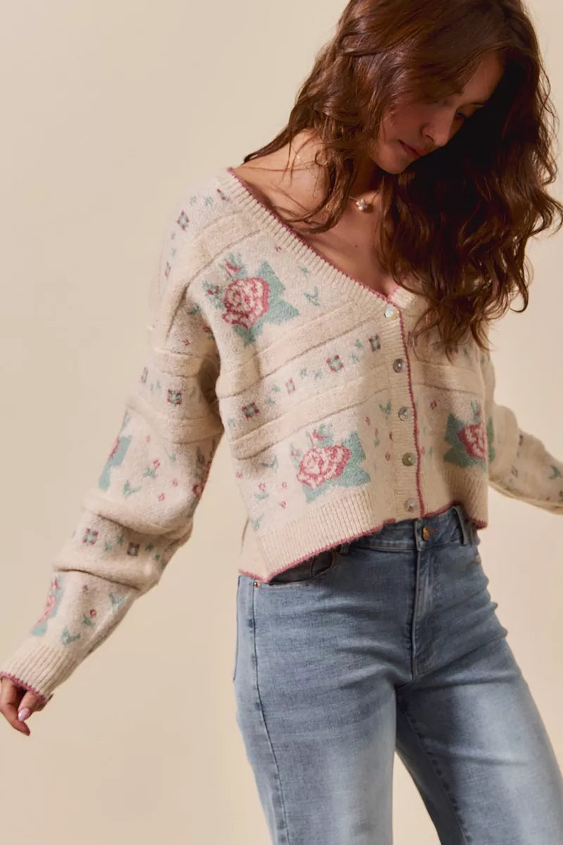Danielle Floral Pattern Long Sleeve Button Sweater Cardigan