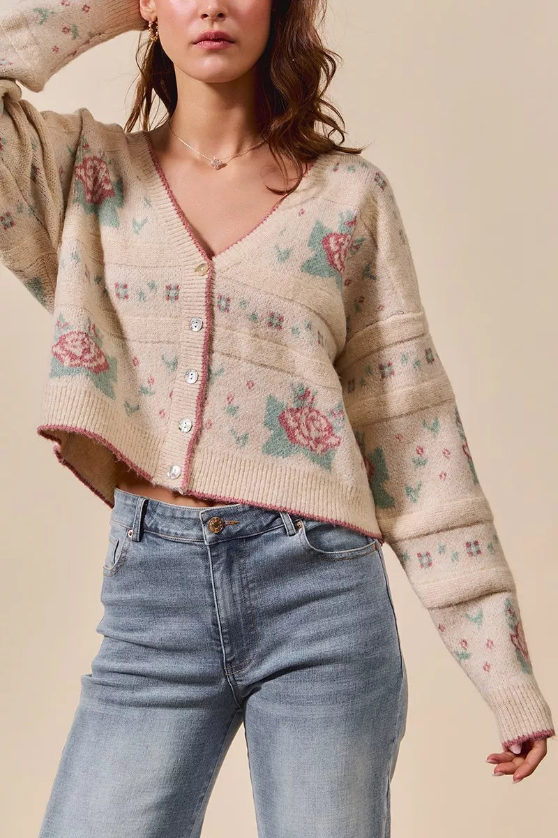 Danielle Floral Pattern Long Sleeve Button Sweater Cardigan