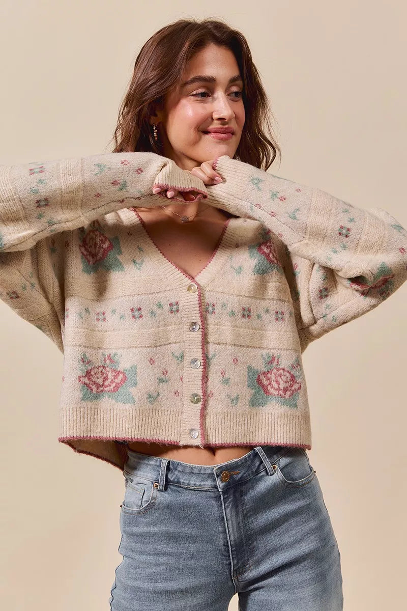 Danielle Floral Pattern Long Sleeve Button Sweater Cardigan