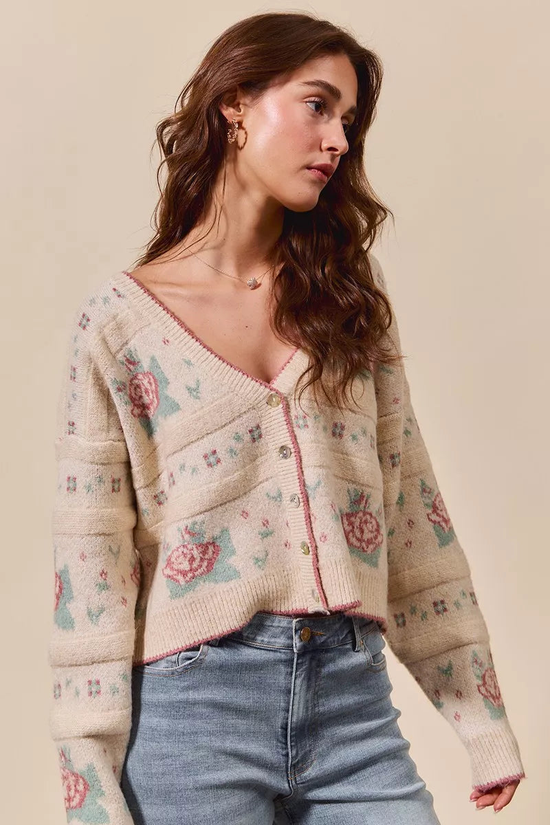 Danielle Floral Pattern Long Sleeve Button Sweater Cardigan