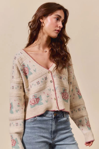 Danielle Floral Pattern Long Sleeve Button Sweater Cardigan