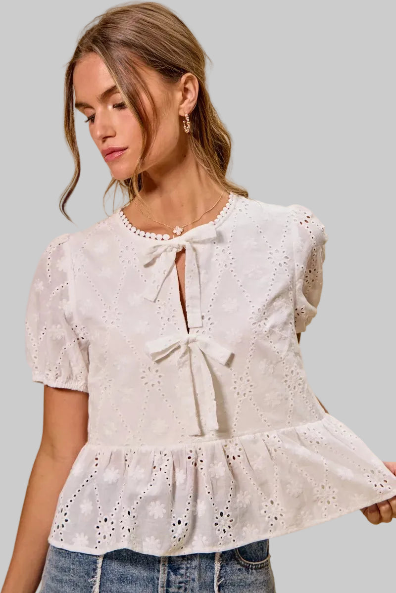 Daphne Boho Eyelet Tie Front Blouse
