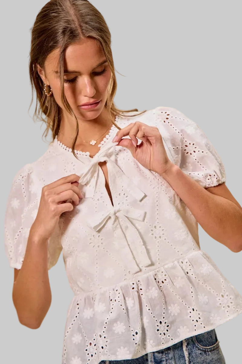 Daphne Boho Eyelet Tie Front Blouse
