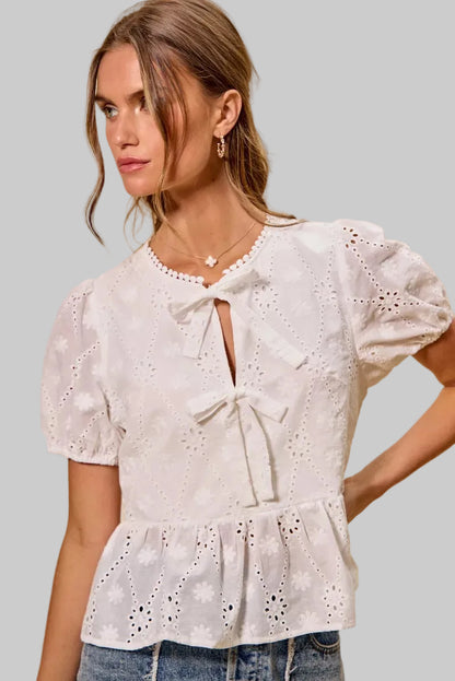Daphne Boho Eyelet Tie Front Blouse