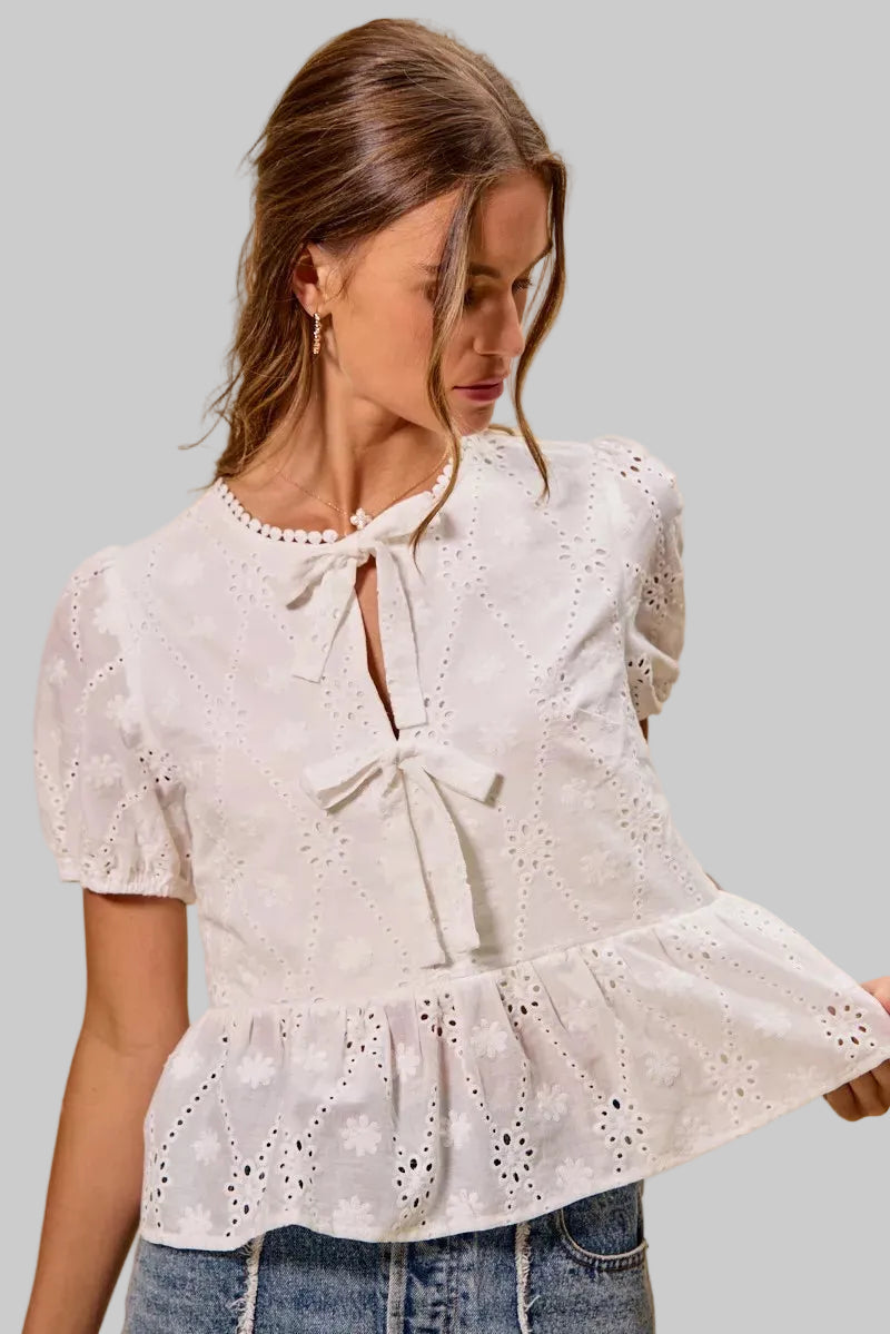 Daphne Boho Eyelet Tie Front Blouse