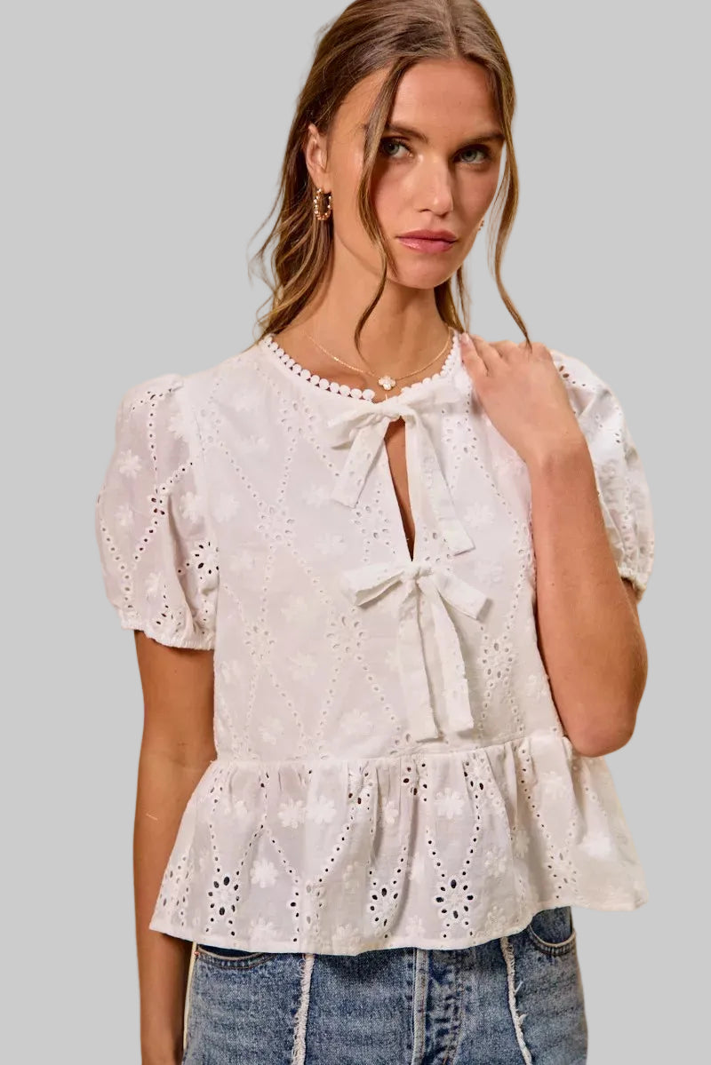 Daphne Boho Eyelet Tie Front Blouse