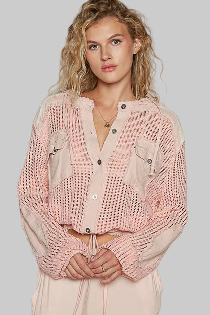 Peach Boho Texture Button Down Hooded Crop Shirt with Drawstring Hem