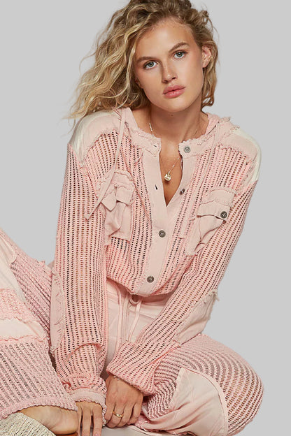 Peach Boho Texture Button Down Hooded Crop Shirt with Drawstring Hem