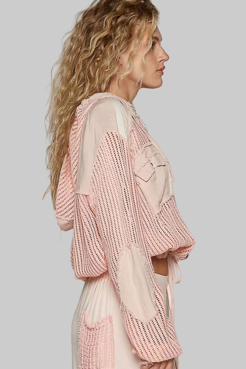 Peach Boho Texture Button Down Hooded Crop Shirt with Drawstring Hem